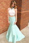 Mermaid Long Two Pieces Beaded Mint Sleeveless Elegant Prom Dresses Z0189 - Bohogown