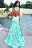 Sparkly Red Mermaid Long Open Back Lace Short Sleeves Prom Dresses Z0190 - Bohogown