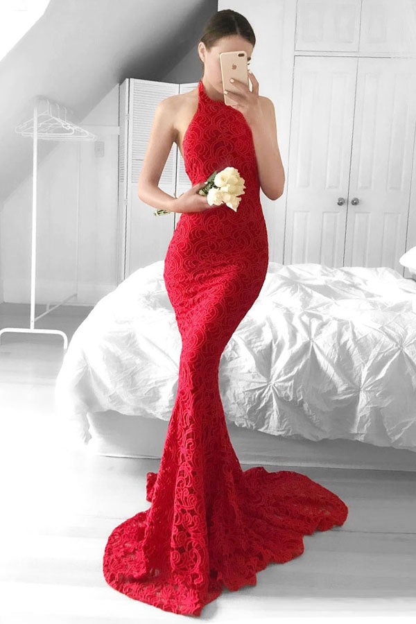 Modest Halter Open Back Long Mermaid Red Lace Prom Dresses For Teens Z0193 - Bohogown