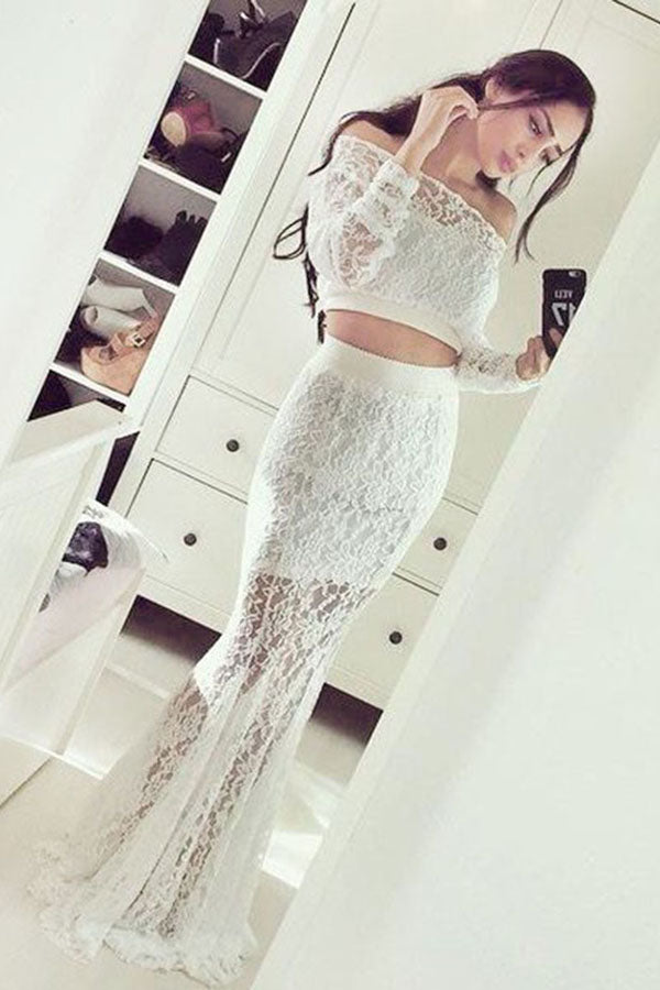 Elegant White Two Pieces Mermaid Long Sleeves Lace Prom Dresses For Girls Z0196 - Bohogown