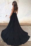 Black Deep V-neck Long A-line Open Back Simple Style Cheap Prom Dresses Z0199 - Bohogown