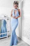 Sky Blue High Neck Lace Long Mermaid Floor-Length Prom Dresses Z0204 - Bohogown