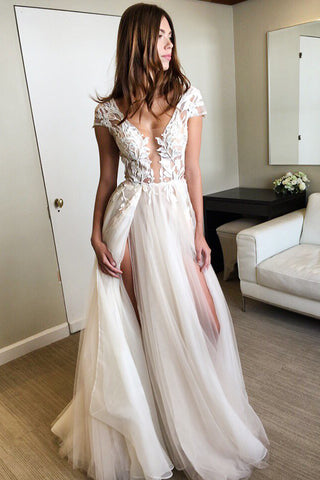 Elegant Cap Sleeves Long Deep V-neck Ivory Lace Tulle Prom Dresses Z0205 - Bohogown