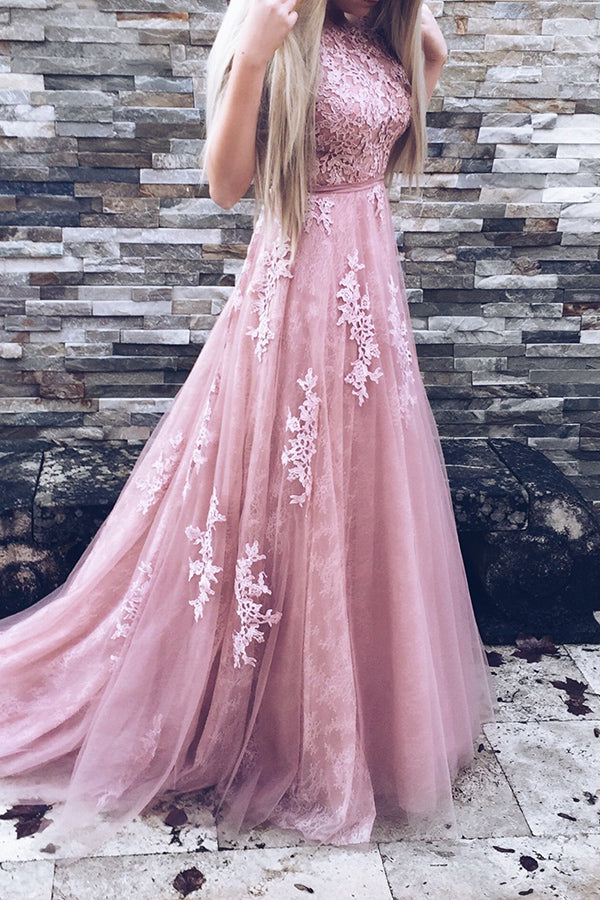 Princess A-line Pink Lace Tulle Long Elegant Prom Dresses For Teens Z0210 - Bohogown