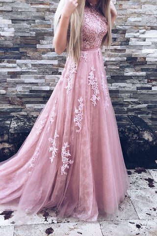 Princess A-line Pink Lace Tulle Long Elegant Prom Dresses For Teens Z0210 - Bohogown