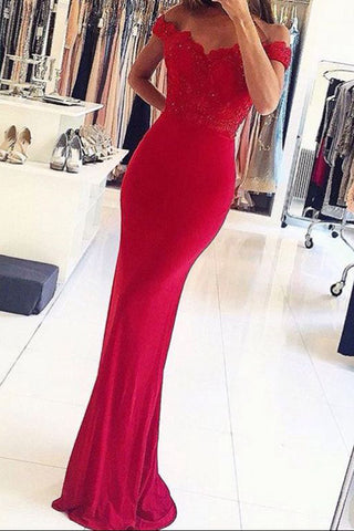 Red Off The Shoulder Mermaid Long Lace Beading Prom Dresses Z0211 - Bohogown