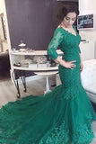 Sweep Train V-neck Long Mermaid Lace Up Green Prom Dresses With Sleeves Z0218 - Bohogown