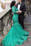 Sweep Train V-neck Long Mermaid Lace Up Green Prom Dresses With Sleeves Z0218 - Bohogown