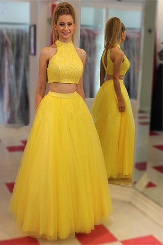 Yellow Two A-line Lace Tulle 2 Pieces Simple Cheap Prom Dresses Z0231 - Bohogown