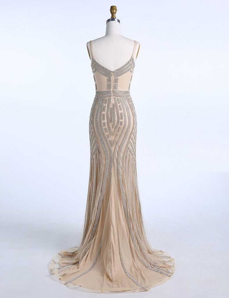 Sparkly Spaghetti Straps Open Back Mermaid Long Prom Dress Evening Dre ...
