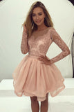 A-line Long Sleeves Gold Lace Short Homecoming Dresses For Teens