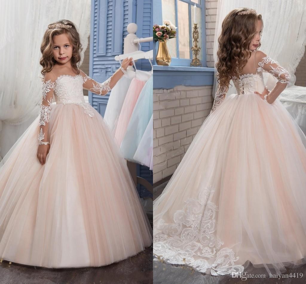 Simple Long Sleeves Lace Flower Girl Dress Ball Gown For Child – Bohogown