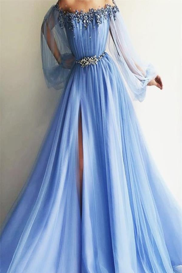 Beautiful Long Sleeves Front Split Long Elegant Light Blue Prom Dress ...