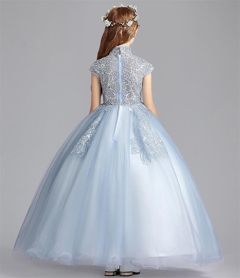 Elegant Sky Blue Prom Dresses 2022 Ball Gown Scoop Neck Puffy Short Sleeve  Backless Beading Sequins Floor-Length / Long Formal Dresses