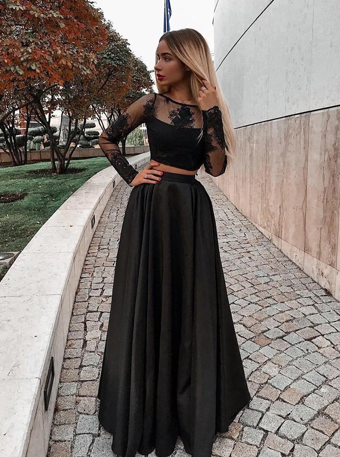 Black Two Pieces Long Lace Prom Dress Graduation Dress For Teens – Bohogown