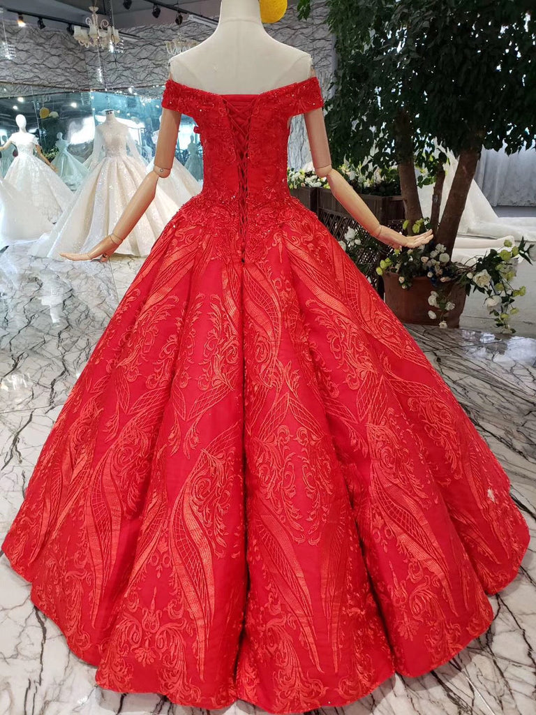 Red Wedding Dress With Veil Princess Ball Gown Long Sleeve Train