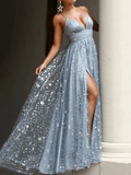 Gray A-Line Glittering V-Neck Sleeveless Split Engagement Prom Dress