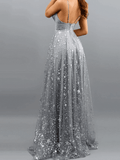 Gray A-Line Glittering V-Neck Sleeveless Split Engagement Prom Dress