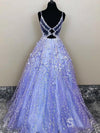 Lavender Lace Floral Spaghetti Straps A-line Formal Gowns Long Prom Dress