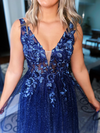 Navy Blue Sparkly A-line V neck Long Formal Evening Gowns Prom Dress