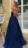 Navy Blue Lace V-Neck A-Line Spaghetti Straps Tulle Appliques Long Evening Gowns Prom Dress