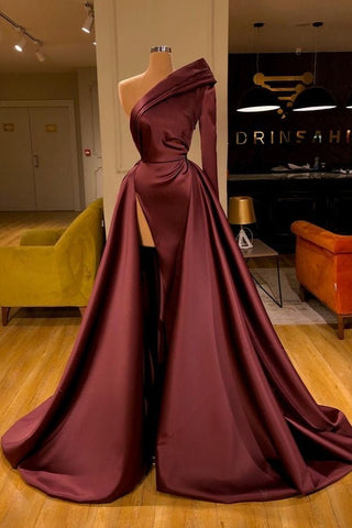Cabernet Split Overskirt One Shoulder Long Sleeves Prom Dress PD0570