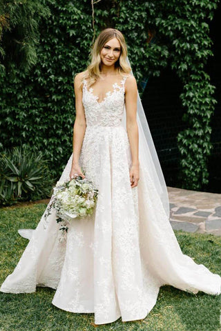 Vintage Lace Wedding Gowns Illusion Neck Sleeveless Wedding Dresses with Train N1283