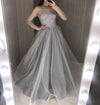 Grey A-Line Pearls Long Sleeves Evening Dress Tulle Long Prom Dress