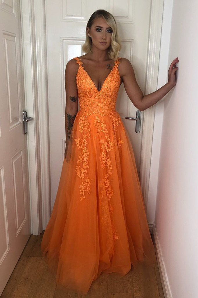 A Line V Neck Backless Lace Appliques Formal Dress Orange Prom Dress