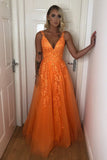 A Line V Neck Backless Lace Appliques Formal Dress Orange Prom Dress