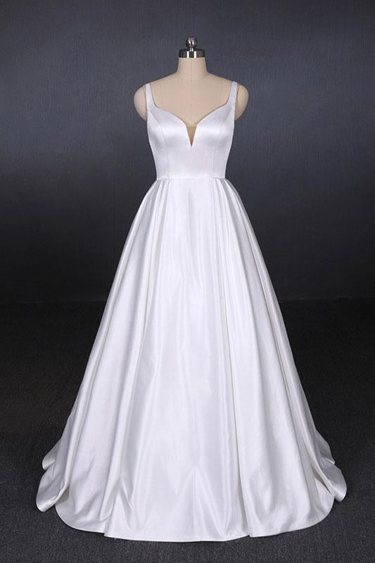 Simple Straps White Satin Wedding Dress, Floor Length Satin Backless Bridal Dress N2356