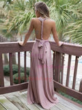 Pink V Neck Sweep Train A Line Backless Party Dress Bridesmaid Dress B463