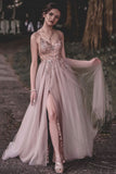 Pink A Line Tulle Spaghetti Beaded Long Prom Dress With Split