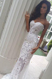 Mermaid Sweetheart Long Lace Wedding Dress,Strapless Sweep Train Bridal Dress,N523