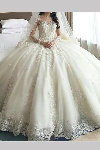 Gorgeous ivory Lace Appliques Long Sleeves Ball Gown Wedding Dress,N549