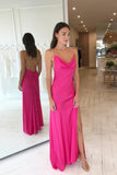 Hot Pink Criss Cross Simple Long Evening Dress Silk Satin Prom Dress With Split