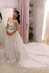A-line Strapless Lace Appliques Court Train Wedding Dress With Beading Waist,N446