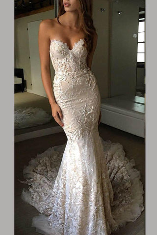 Luxurious Sweetheart Strapless Lace Wedding Dresses,Trumpet Court Train Bridal Gown,N472
