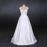 Simple Straps White Satin Wedding Dress, Floor Length Satin Backless Bridal Dress N2356