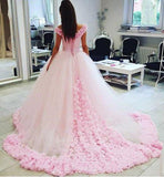 Pink Ball Gown Princess Off-shoulder Hand-Made Flower Wedding Dress N479