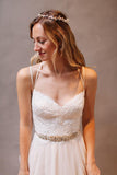 Spaghetti Straps Sleeveless Sweep Train Lace Beach Wedding Dress With Beading Waist,N464