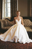 A-line V-neck Sleeveless Spaghetti Strap Lace Satin Wedding Dress,Beach Wedding Gown,N462