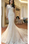 Ivory Long Sleeves Mermaid Lace Appliques Tulle Wedding Dress with Sweep Train,Beach Wedding Dresses,N390