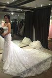 White Trumpet Strapless Lace Tulle Court Train Wedding Dress Lace Bridal Dress N470