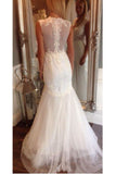 Ivory V Neck Sleeveless Mermaid Wedding Dress Long Tulle Bridal Dress With Appliques N940