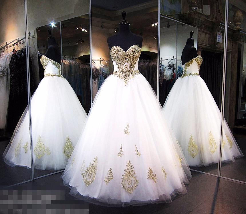 White Strapless Sweetheart Floor-length Ball Gown Bridal Dress With Gold Lace Appliques N430