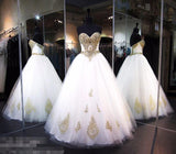 White Strapless Sweetheart Floor-length Ball Gown Bridal Dress With Gold Lace Appliques N430