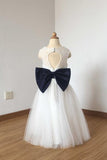 Cute Long Ivory Open Back Lace Tulle Flower Girl Dress With Navy Blue Bow F025