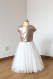A Line Cheap Cap Sleeves Sequin Ivory Tulle Floor Length Flower Girl Dress F018