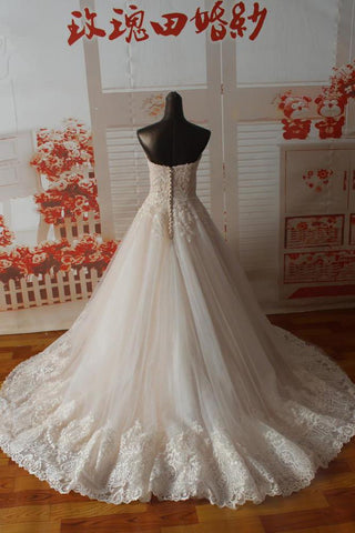 Gorgeous Sweetheart Tulle Wedding Dress With Lace Appliques, Strapless Bridal Dress N1165